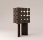 Geometric luxury cabinet with textured panels and dark wood base in contemporary design