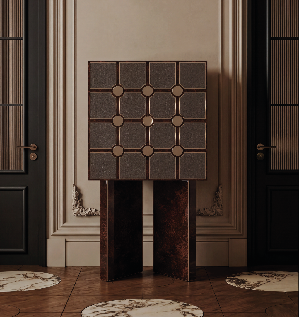 Luxury geometric cabinet in dark wood with textured panels styled in elegant interior setting