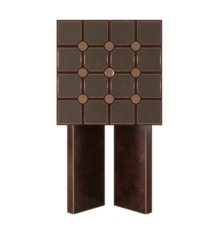 Bingen Cabinet with geometric panel design, featuring rich wood veneer, bronze accents, and a sculptural base.