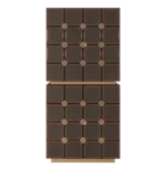 Bingen Tall Cabinet with stacked geometric panel design, featuring wood veneer, textured inlays, and bronze accents.