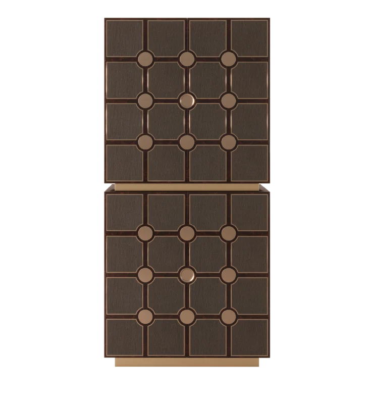 Bingen Tall Cabinet with stacked geometric panel design, featuring wood veneer, textured inlays, and bronze accents.