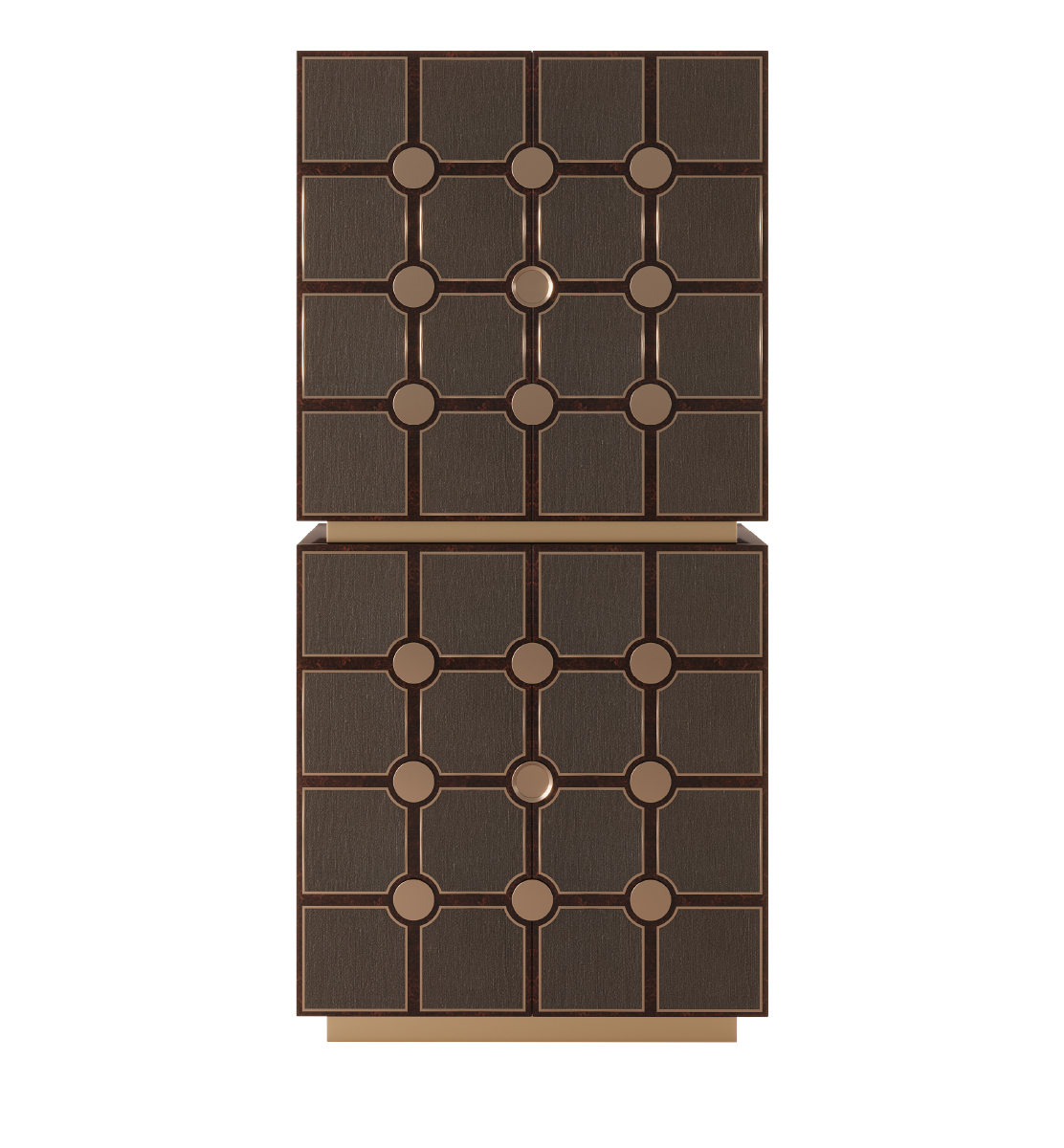 Bingen Tall Cabinet with stacked geometric panel design, featuring wood veneer, textured inlays, and bronze accents.