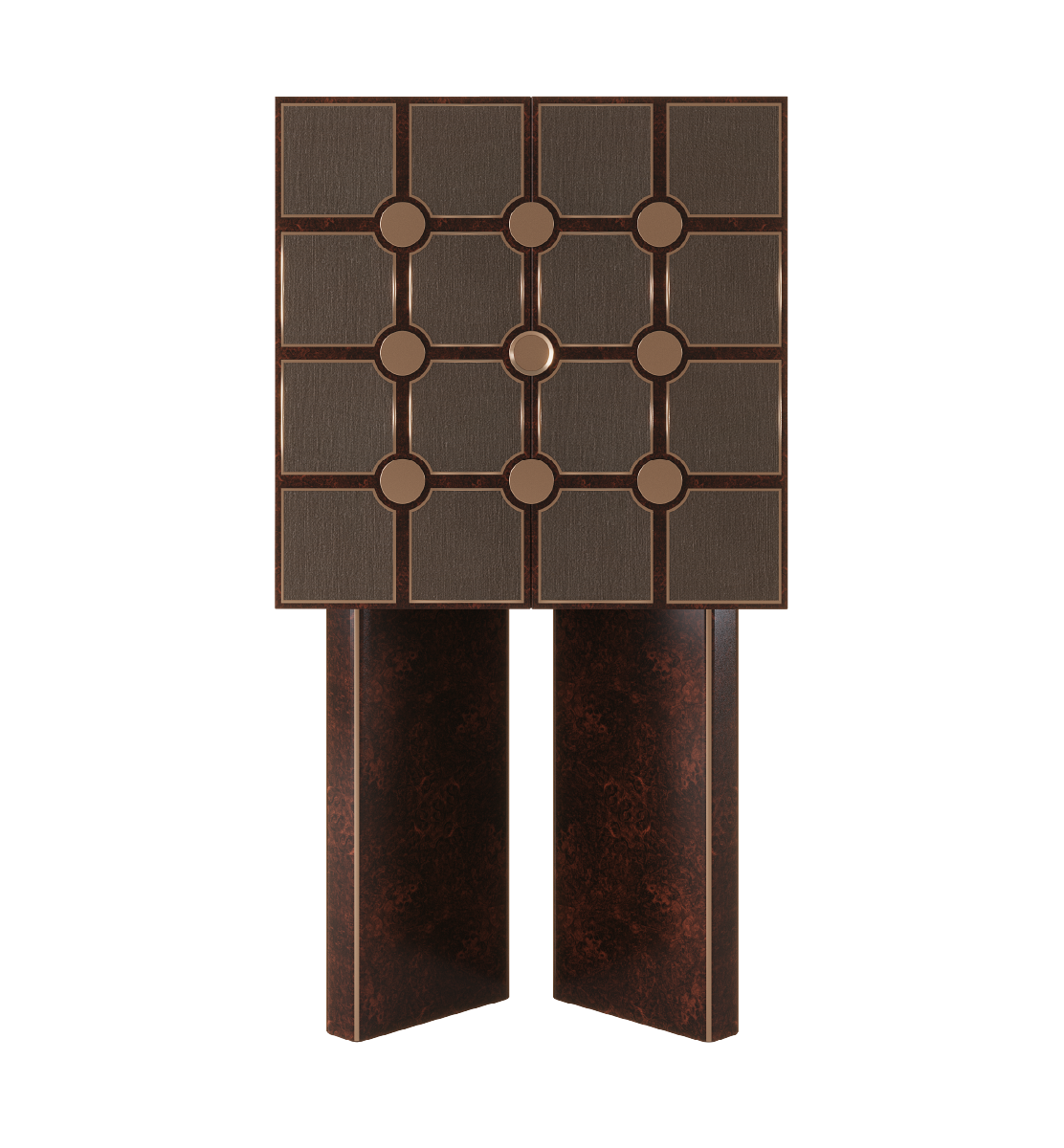 Bingen Cabinet with geometric panel design, featuring rich wood veneer, bronze accents, and a sculptural base.