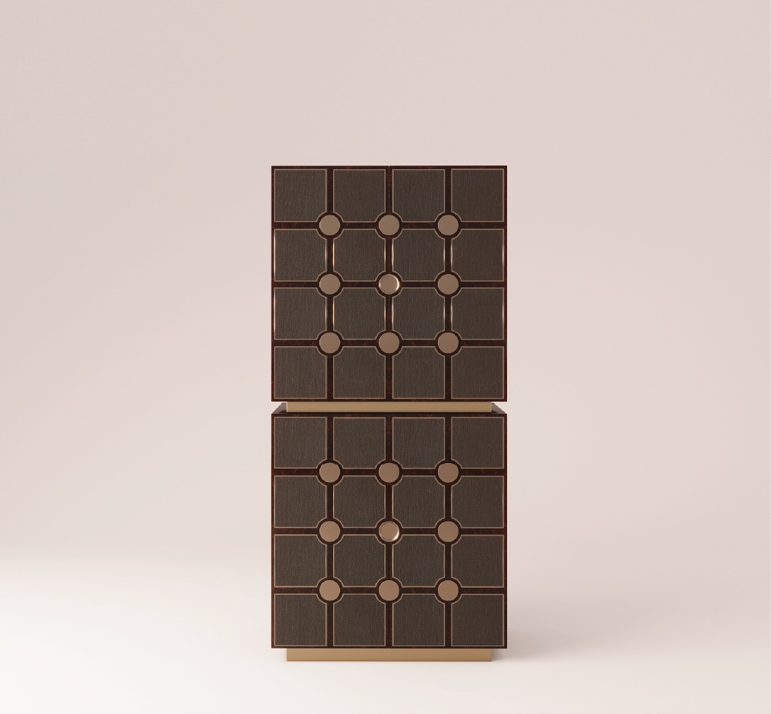 Stacked geometric cabinet in dark wood with textured panels and modular design
