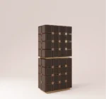 Stacked geometric cabinet in dark wood with textured panels and modular design