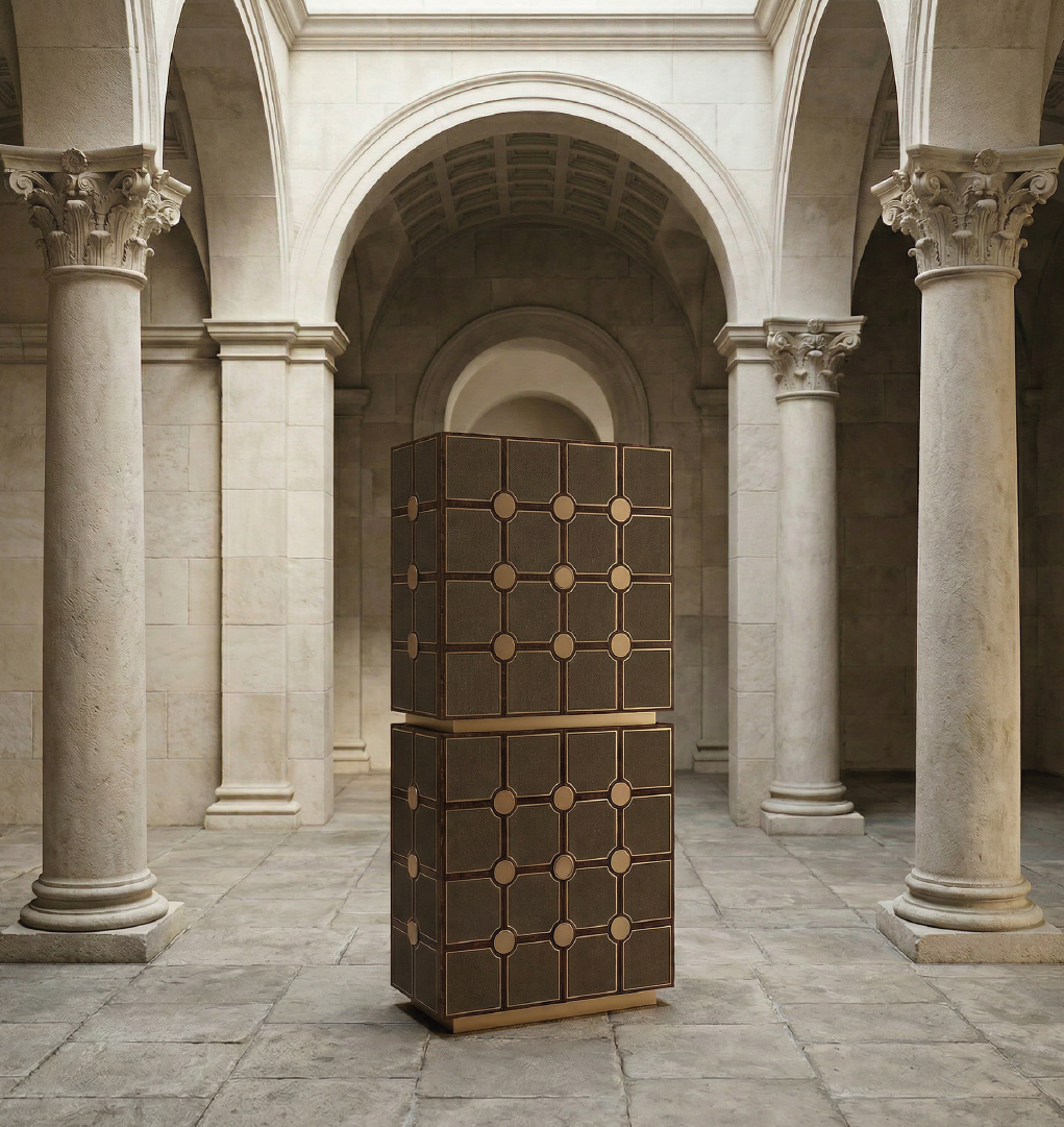Stacked geometric luxury cabinet with textured panels in grand stone arch interior