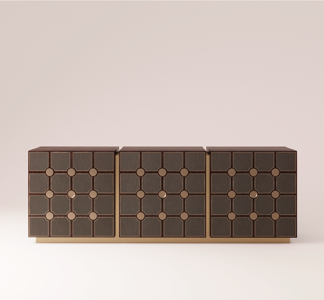 Bingen sideboard with geometric panel doors, dark wood finish, and brass base.