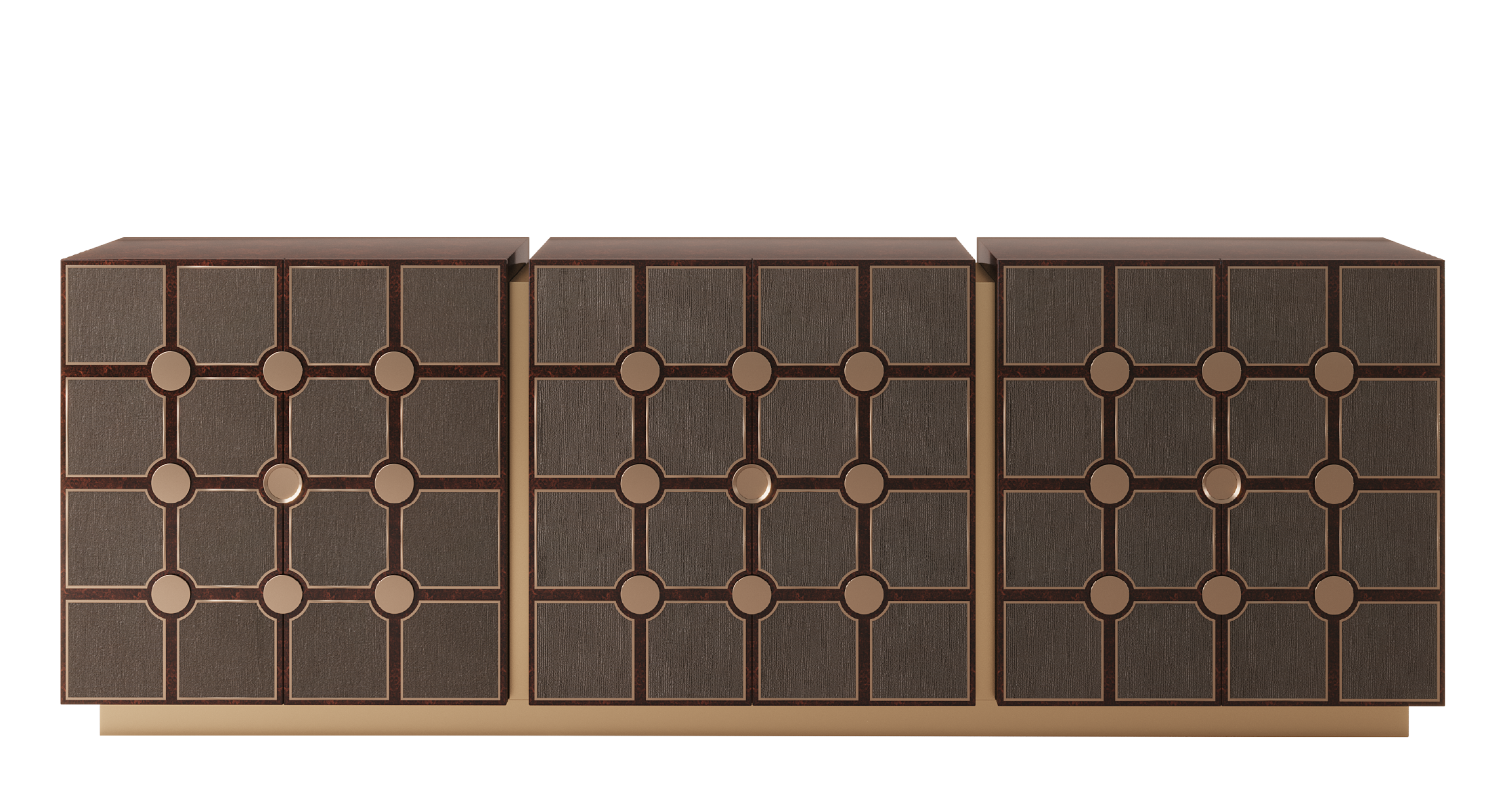 Bingen Sideboard with modular geometric panel design, featuring wood veneer, textured surfaces, and bronze accents.