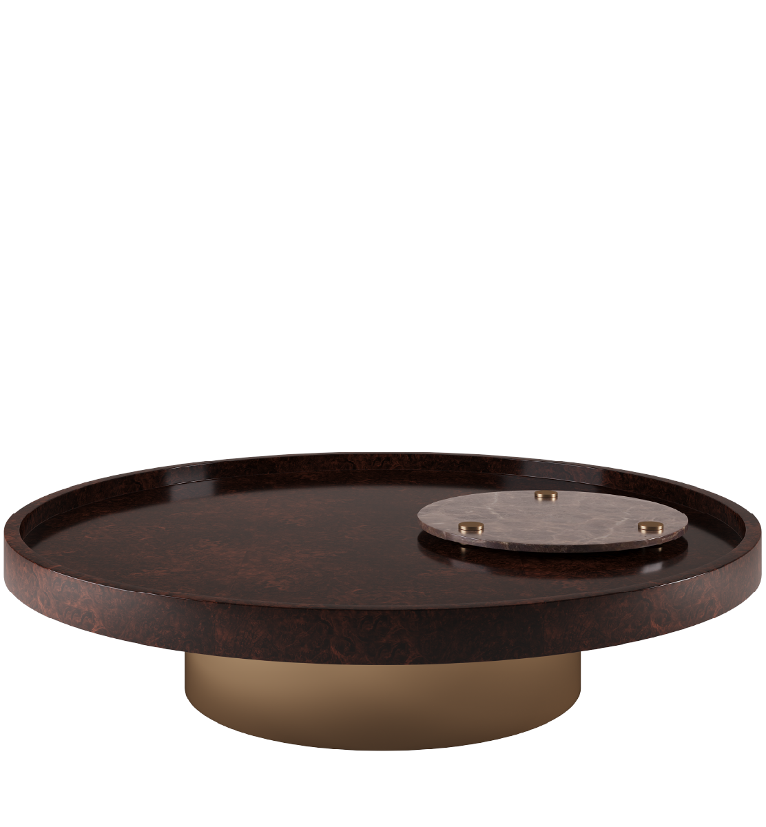 Boheme Center Table with round wood veneer top, bronze base, and marble accent tray.