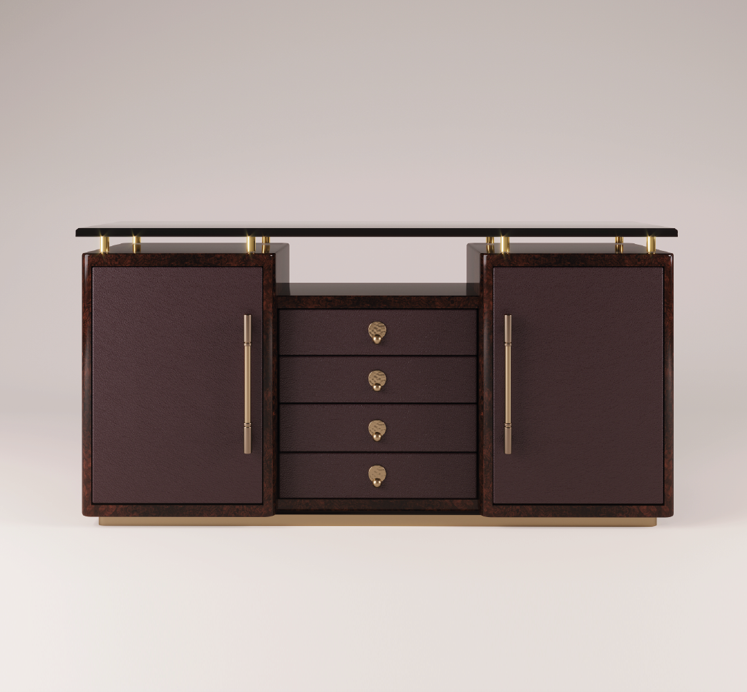 Ilyich sideboard with leather panels, central drawers, and brass hardware on a minimalist background.