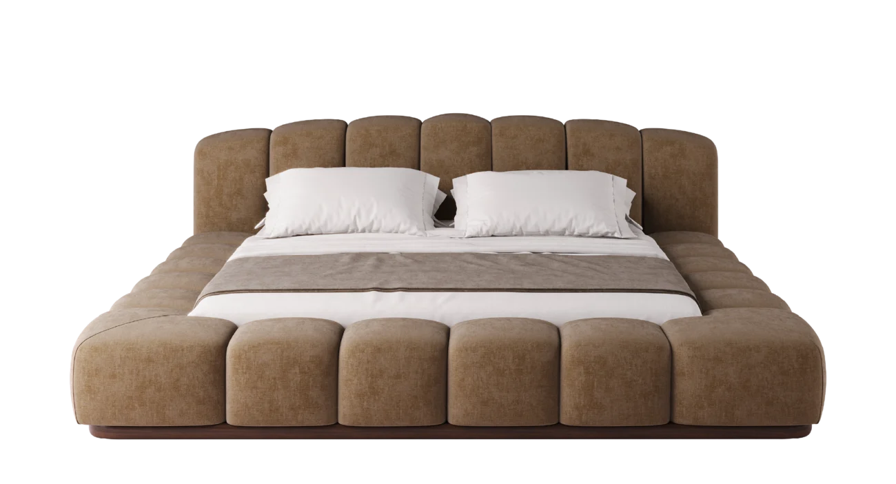 Kaija upholstered bed in soft beige fabric with sculptural padded frame and low-profile platform base.