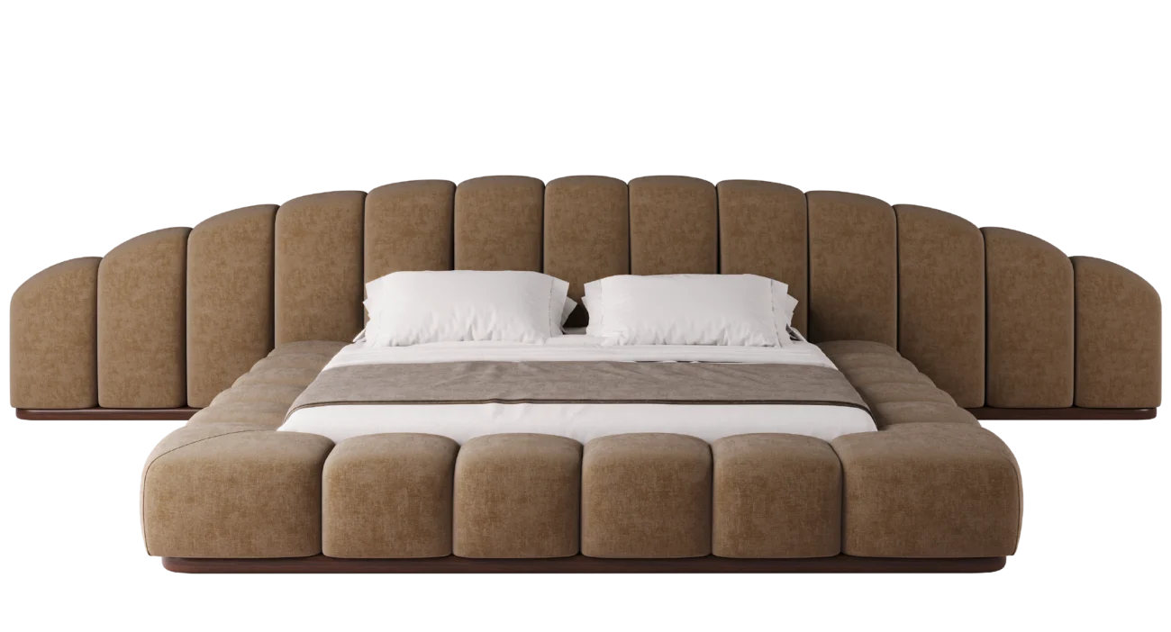 Kaija upholstered bed in soft beige fabric with sculptural padded frame and low-profile platform base.