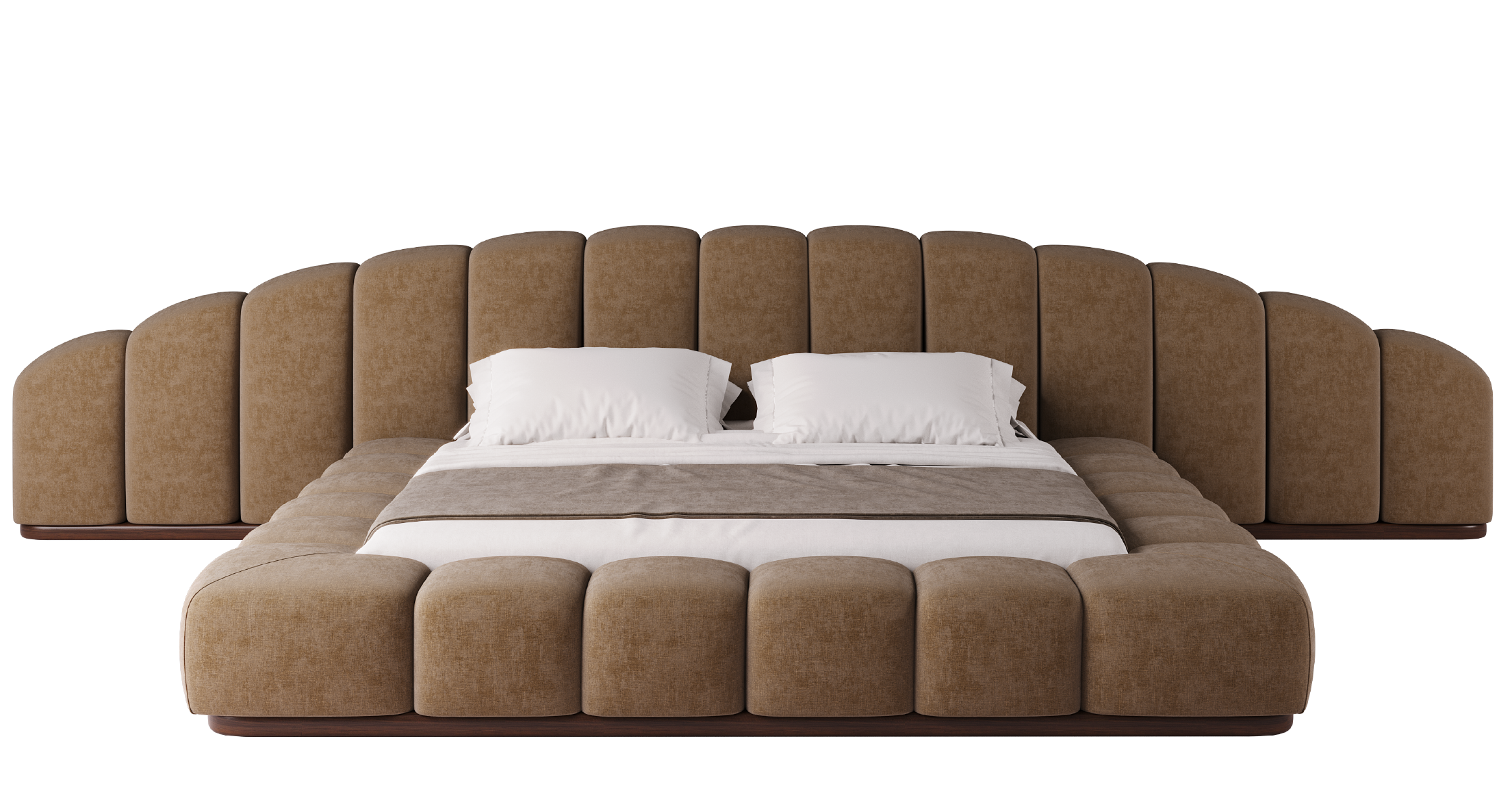 Kaija upholstered bed in soft beige fabric with sculptural padded frame and low-profile platform base.