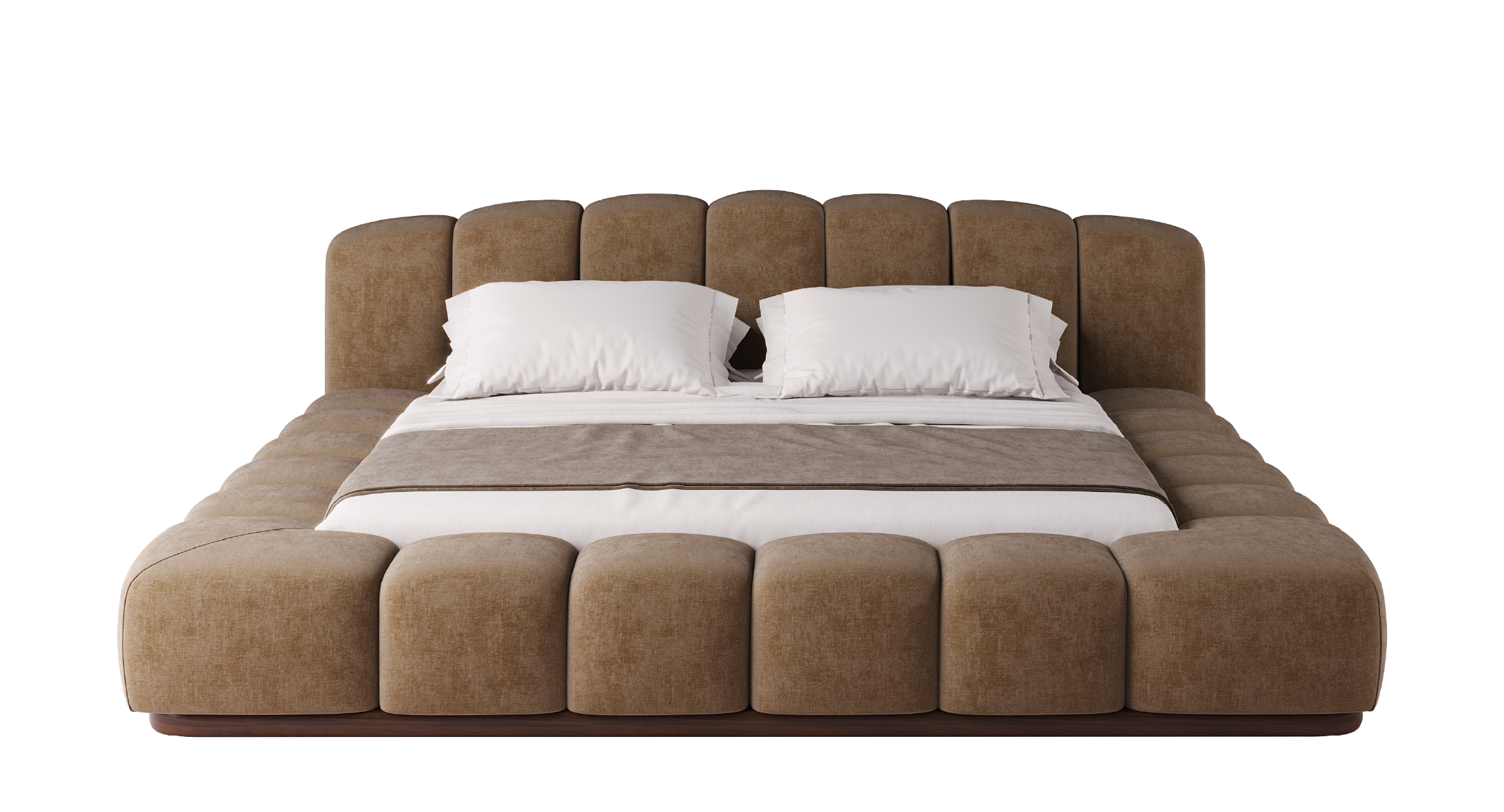 Kaija upholstered bed in soft beige fabric with sculptural padded frame and low-profile platform base.
