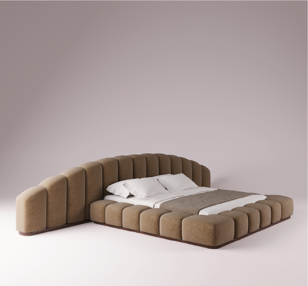 Kaija upholstered bed in soft beige fabric with sculptural padded frame and low-profile platform base.