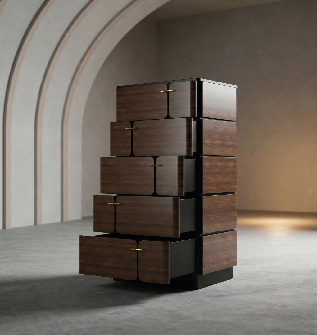 Walnut chest of drawers with staggered open drawers and brass handles in modern interior