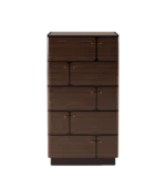 Ludwig chest of drawers in dark wood with sculpted front panels and brass handles, featuring five stacked drawers.