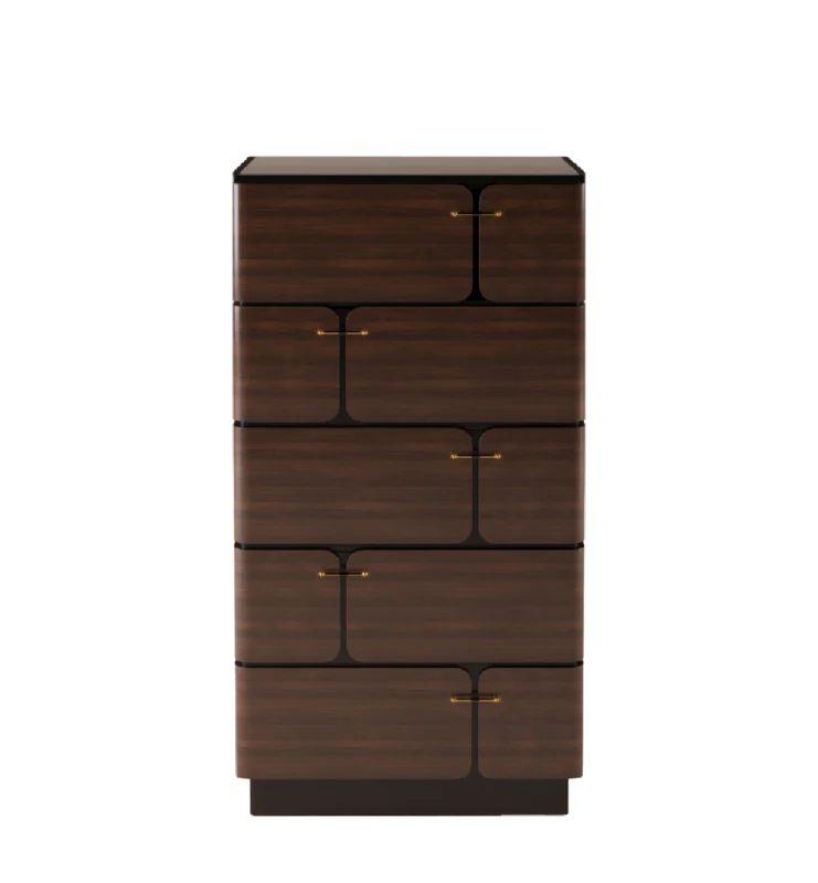 Ludwig chest of drawers in dark wood with sculpted front panels and brass handles, featuring five stacked drawers.