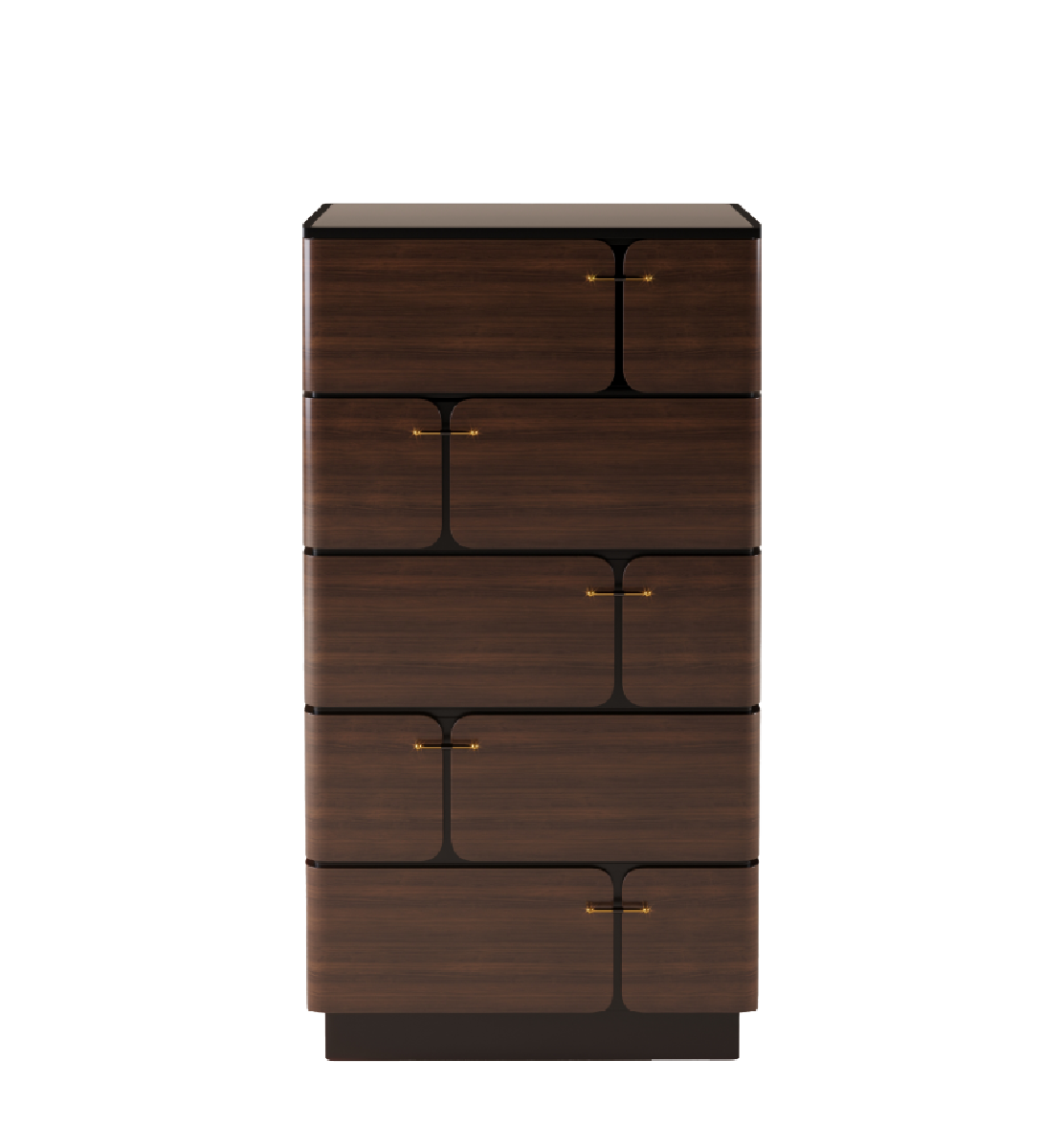 Ludwig chest of drawers in dark wood with sculpted front panels and brass handles, featuring five stacked drawers.