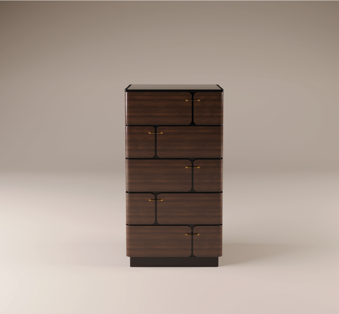 Modern walnut chest of drawers with curved design and brass handles