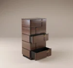 Modern walnut chest of drawers with open drawers and brass handles