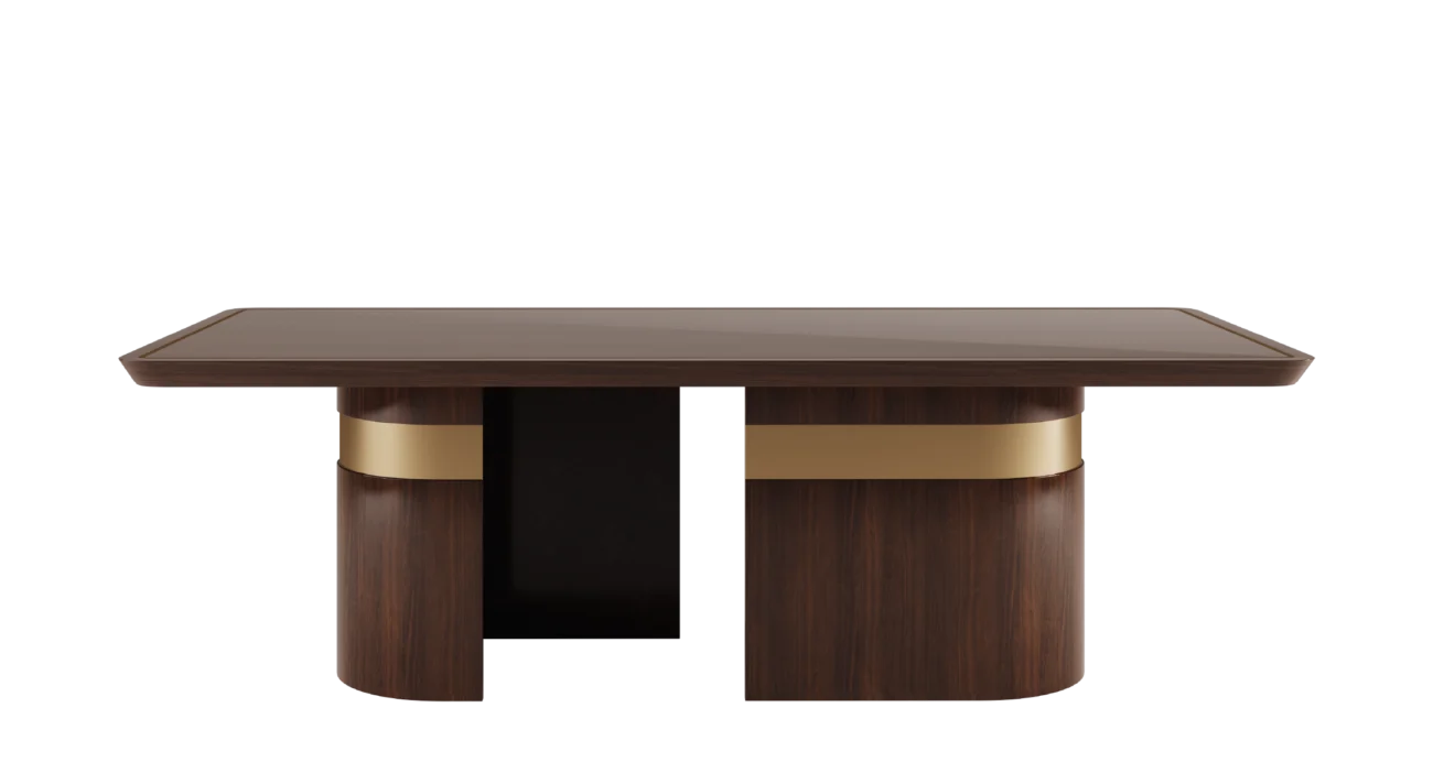 Maeve dining table in dark wood with sculptural cylindrical base and brass band detailing.