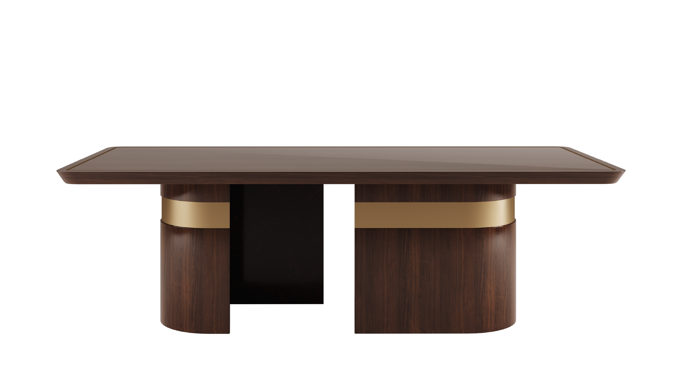 Maeve dining table in dark wood with sculptural cylindrical base and brass band detailing.
