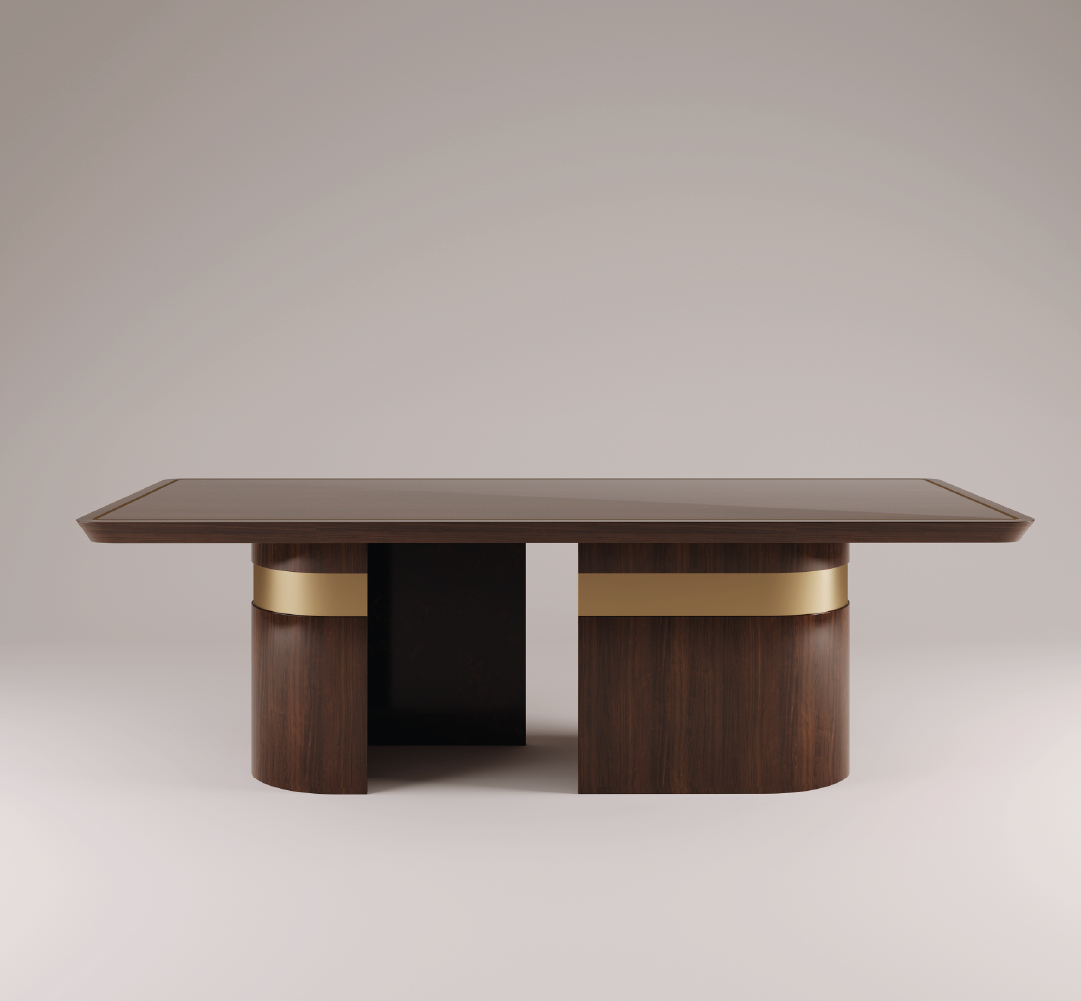 Maeve dining table in dark wood with sculptural cylindrical base and brass band detailing.