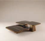 Monteverdi modular center table with wood base and marble tops in sculptural contemporary design.