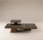 Monteverdi modular center table with wood base and marble tops in sculptural contemporary design.
