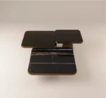 Monteverdi modular center table with wood base and marble tops in sculptural contemporary design.