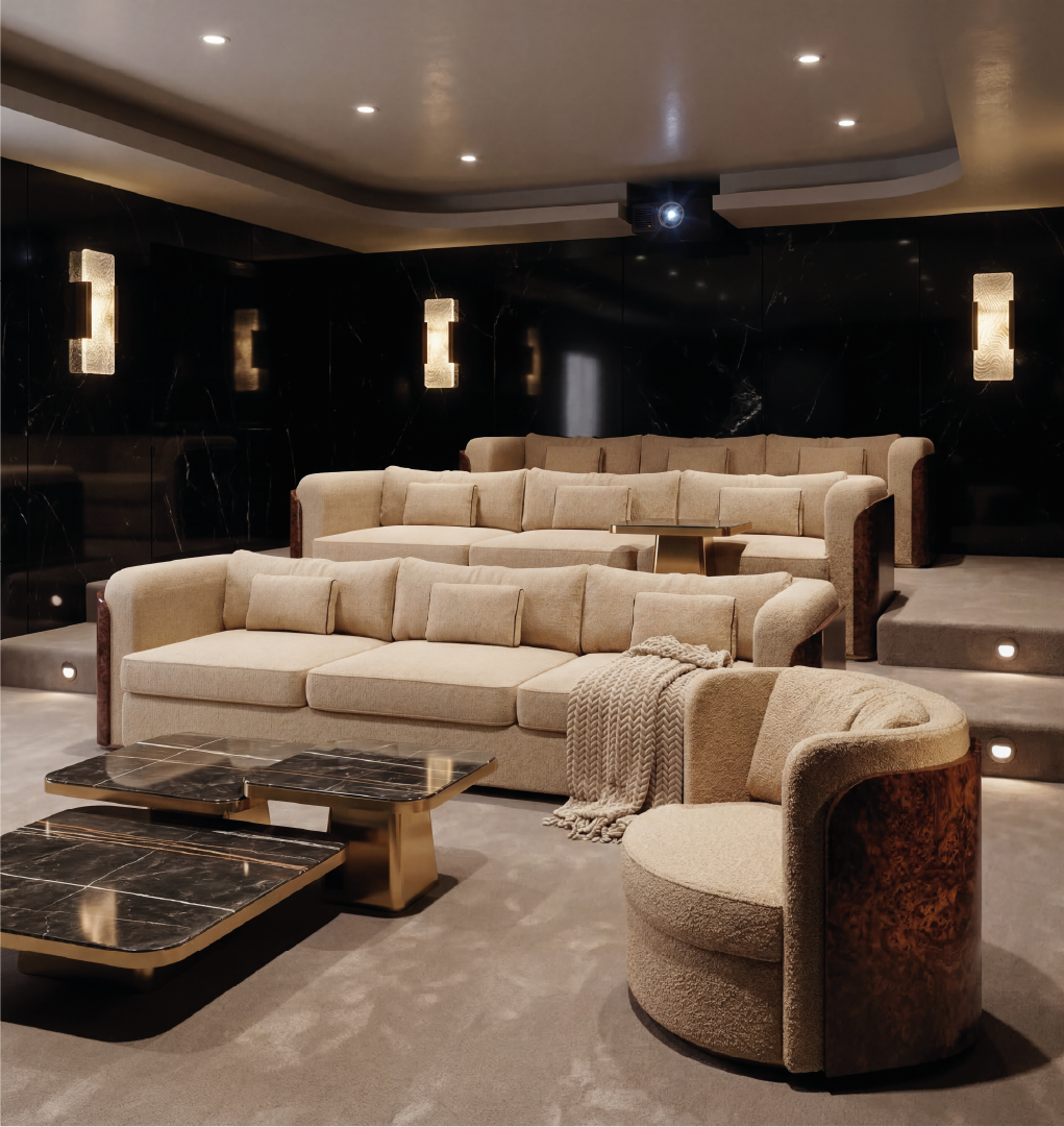 Monteverdi modular marble center table in luxury home theater lounge with plush curved sofas and ambient lighting.