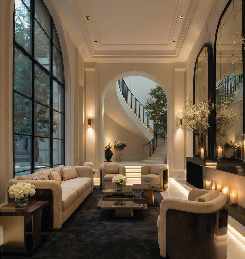 Monteverdi modular marble center table in elegant living room with staircase, arched windows, and soft ambient lighting.