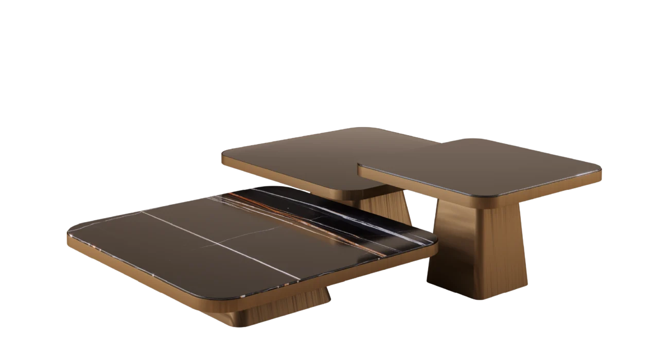 Monteverdi nested center tables with bronze metal finish and dark marble tops in a modern sculptural design.