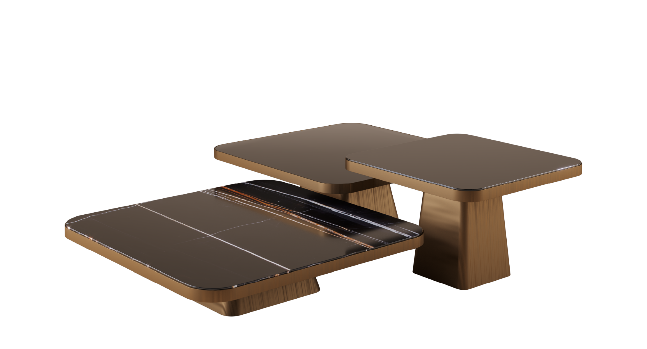 Monteverdi nested center tables with bronze metal finish and dark marble tops in a modern sculptural design.