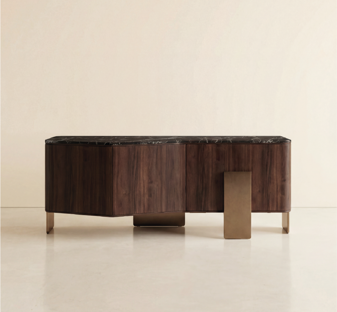 Modern curved walnut sideboard with dark marble top and brushed brass legs