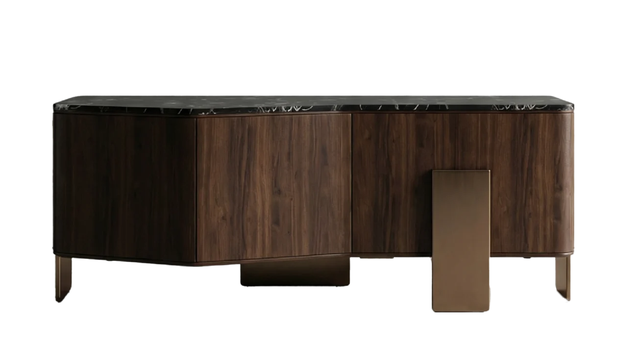 Luxury curved wooden sideboard with dark marble top and bronze accent base in a contemporary design.
