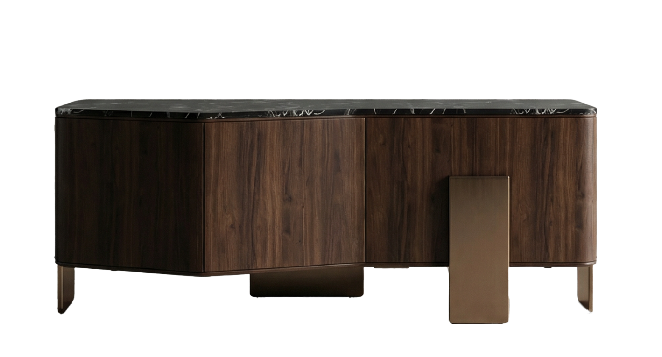Luxury curved wooden sideboard with dark marble top and bronze accent base in a contemporary design.