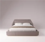Purcell upholstered bed in soft taupe leather with quilted headboard and low-profile modern frame.