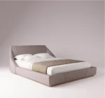 Purcell upholstered bed in soft taupe leather with quilted headboard and low-profile modern frame.