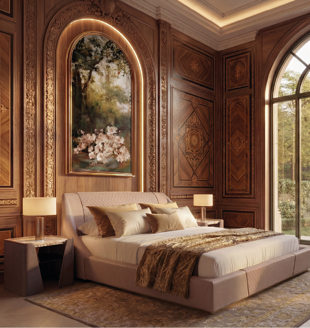 Purcell upholstered bed in taupe leather within a classic luxury bedroom featuring ornate wood paneling and soft ambient lighting.