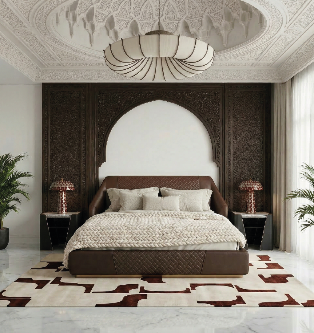 Purcell leather bed in a grand bedroom with carved wood arch paneling, ornate ceiling, and symmetrical bedside styling.