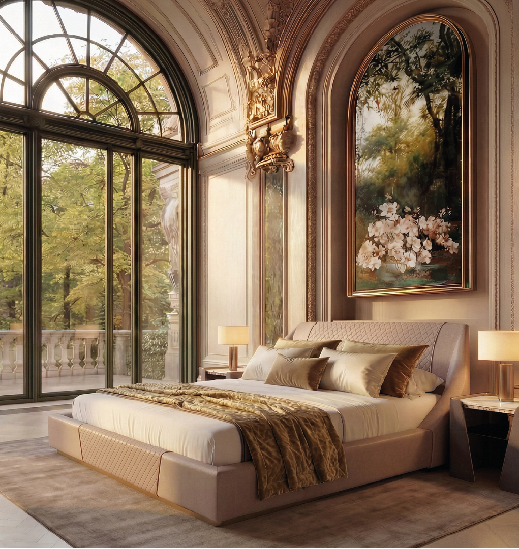 Purcell upholstered bed in a sunlit luxury bedroom with arched windows, classical moldings, and warm neutral tones.