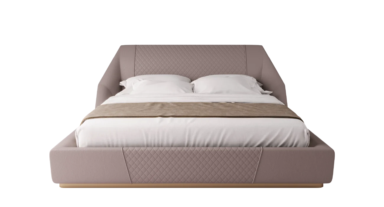 Purcell upholstered bed in soft taupe leather with quilted headboard and low-profile modern frame.
