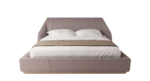 Purcell upholstered bed in soft taupe leather with quilted headboard and low-profile modern frame.