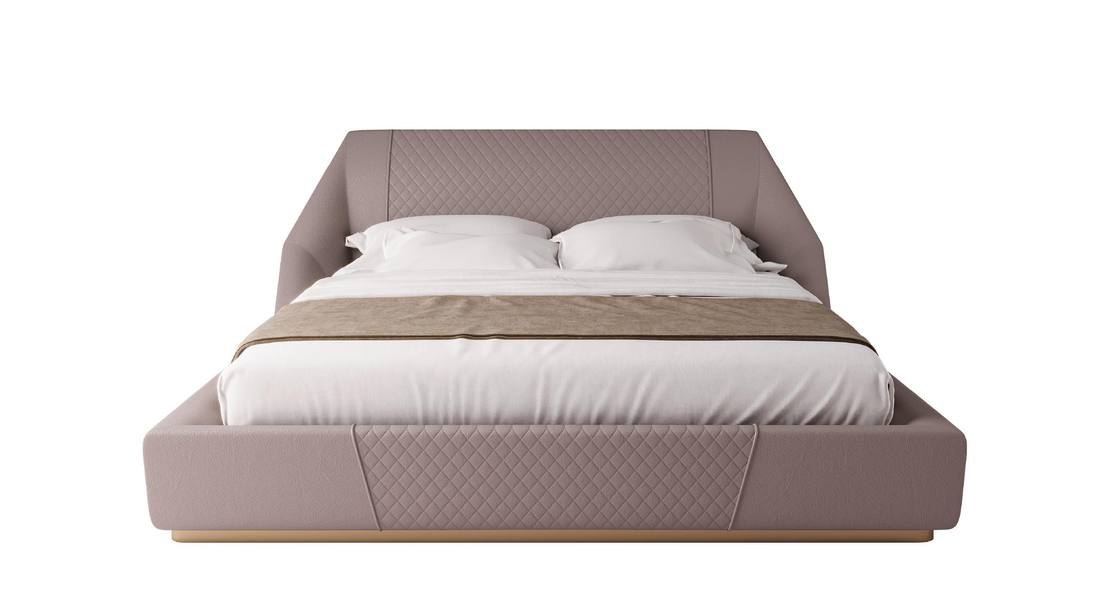 Purcell upholstered bed in soft taupe leather with quilted headboard and low-profile modern frame.