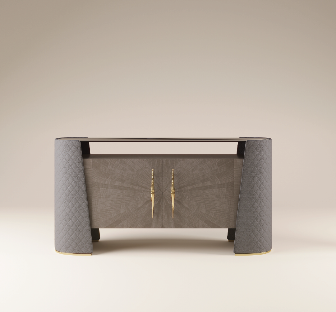 Luxury sideboard with quilted fabric and brass handles in contemporary design
