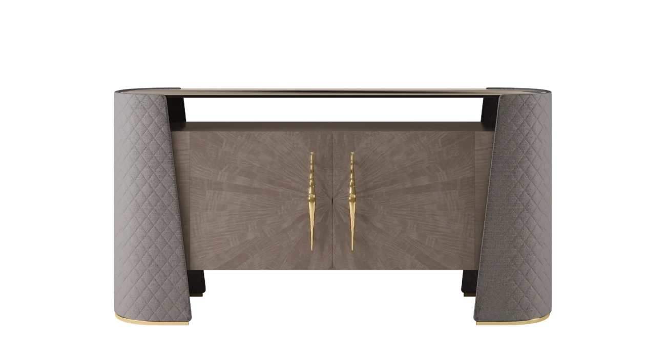 Luxury sideboard with quilted upholstered sides, wood veneer doors, and gold handles in a contemporary design.