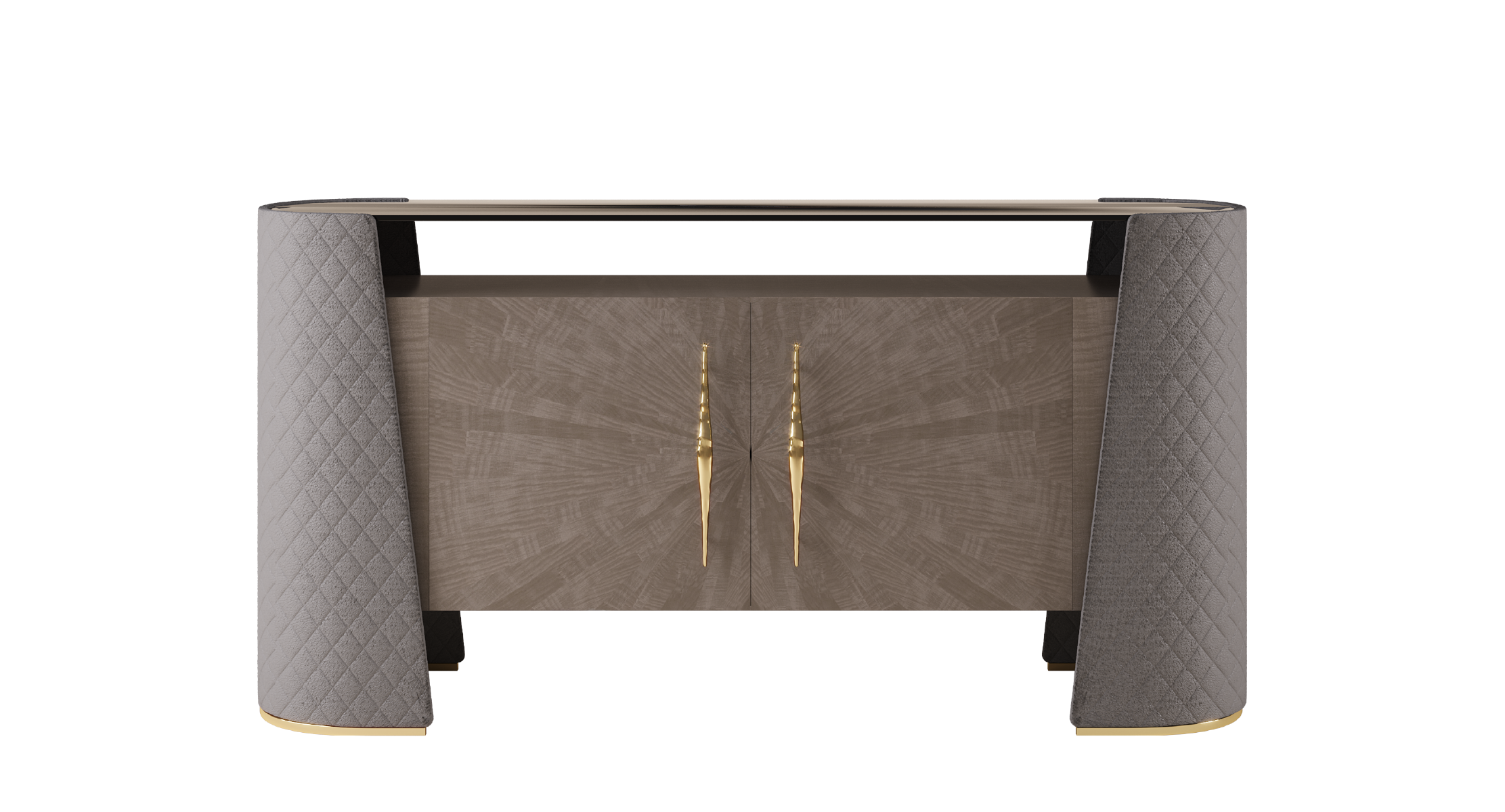 Luxury sideboard with quilted upholstered sides, wood veneer doors, and gold handles in a contemporary design.