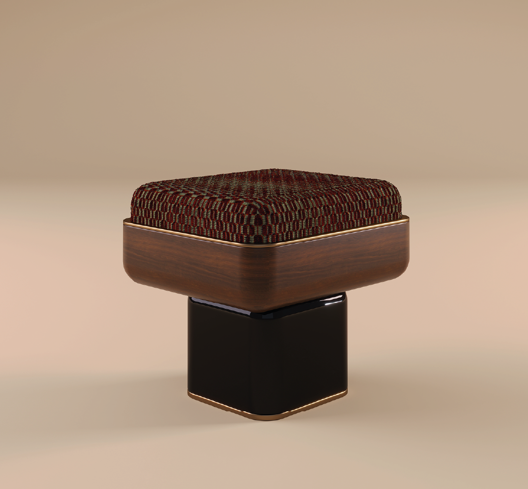 Modern stool with upholstered seat, wood frame, and black base with brass detail